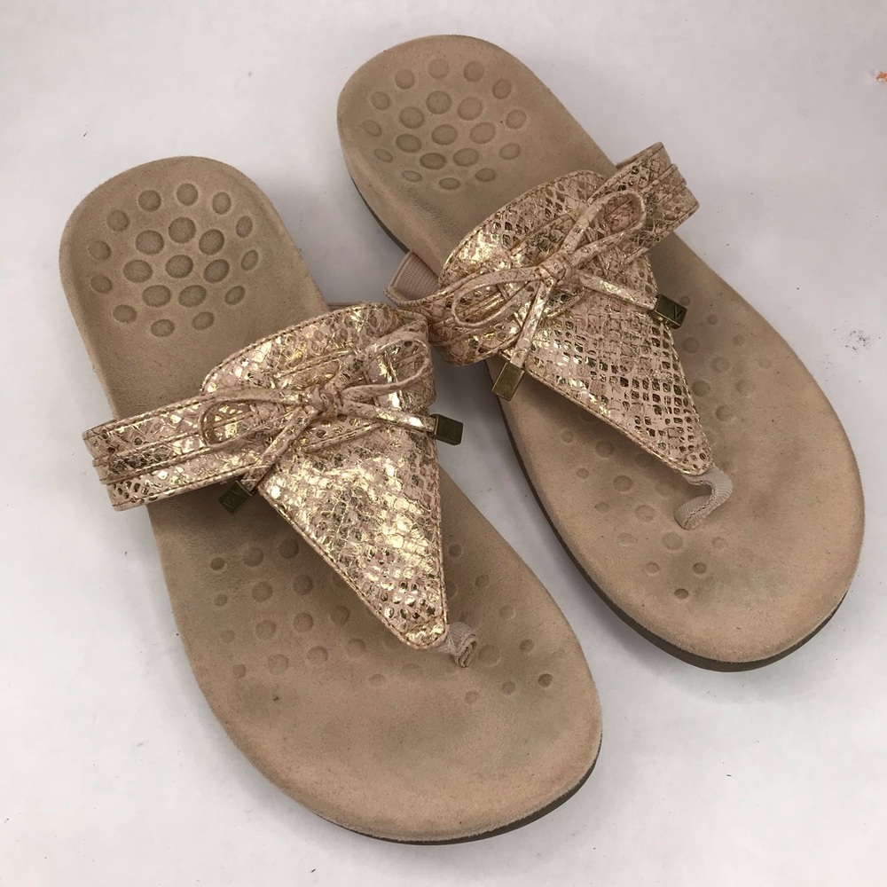 Vionic Size 8.5 Amaya Gold Pink Snake Print Thong Sandals Slip Flop